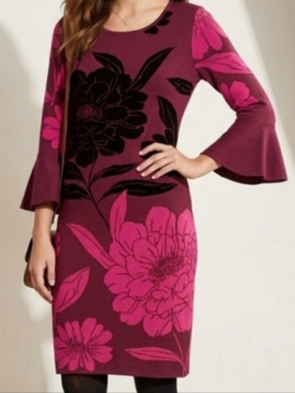 London Times Magenta Floral Bell-Sleeve Sweatee Midi Dress
